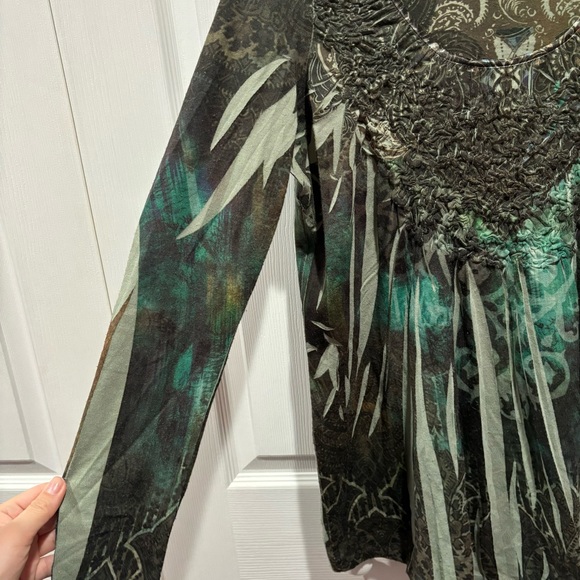 ONE WORLD Women’s Paisley Pattern Long Sleeve Top Shirt - green/blue, size S - Picture 3 of 5